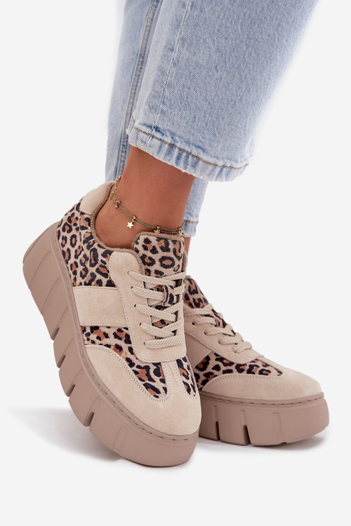 Semišové zateplené dámske tenisky na masívnej platforme Vinceza 66841 Leopard béžové