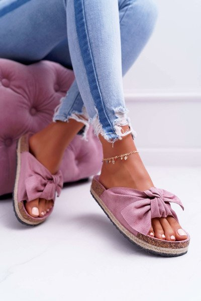 Dámské korkové pantofle s mašlí, růžové s květinami Misto