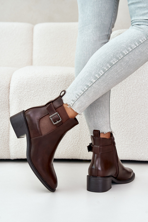 Dámské Kotníkové Boty Na Nízkém Podpatku Se Zlatou Sponou Hnědé Vomera