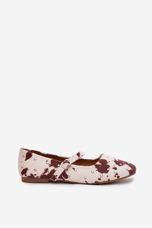 Ozdobené dámske baleríny s pásikom v bielo-hnedej Olivisse