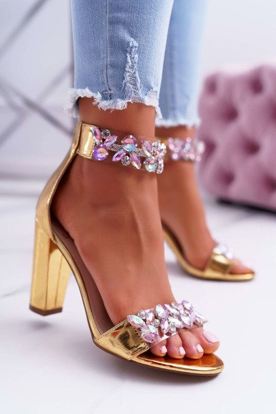 Lu Boo zlaté zrcadlové sandály na podpatku se zirkony Lambada