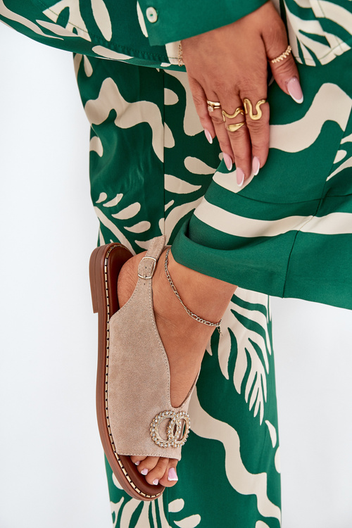 Dámske Sandále S Dekoráciou Na Plochéj Päte Eko Semišové Béžové Ralisses