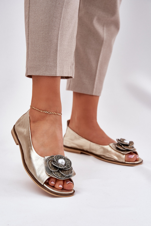 Kožené Baletky S Otevřenými Prsty A Květem Zazoo 1870 Zlaté