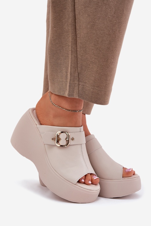 Kožené Dámské Sandály Na Platformě A Klínu S Přezkou Béžové S.Barski LR51-542