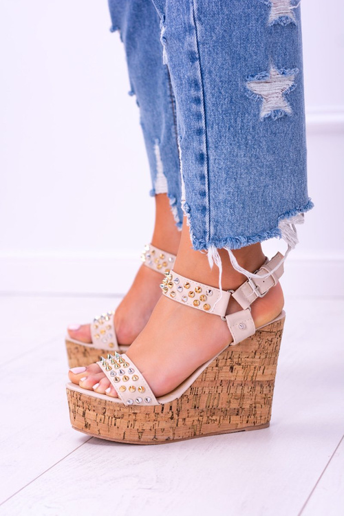 Lu boo béžové dámske sandále na klinových škrupinách Valeria