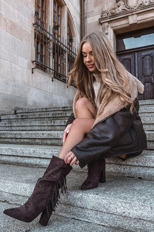 Dámske členkové topánky na opätku s strapcami a záhybmi Teplé čokoládové Darlina