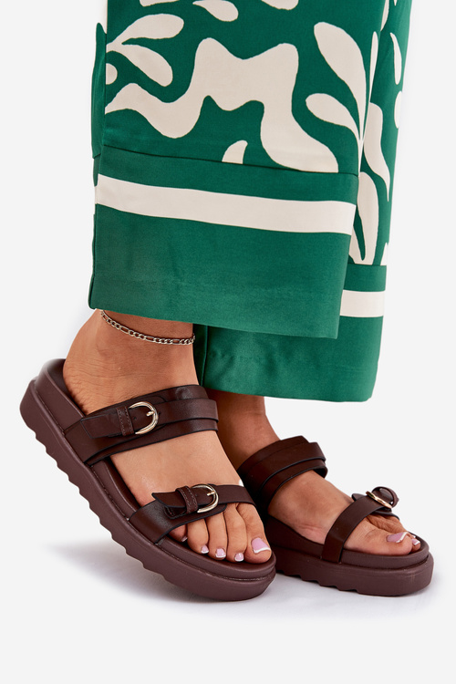 Dámské Pantofle Na Platformě Se Zlatými Přezkami Hnědé Wernone