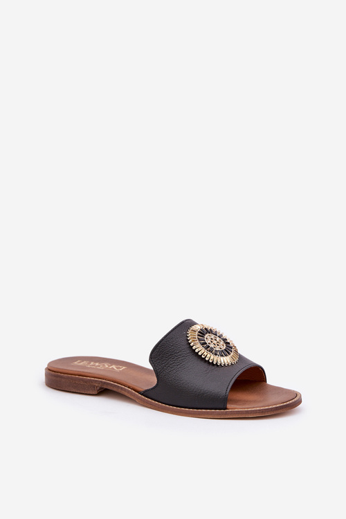 Kožené Šľapky S Dekoráciou Na Plochom Opätku Zazoo 3047/O Čierne