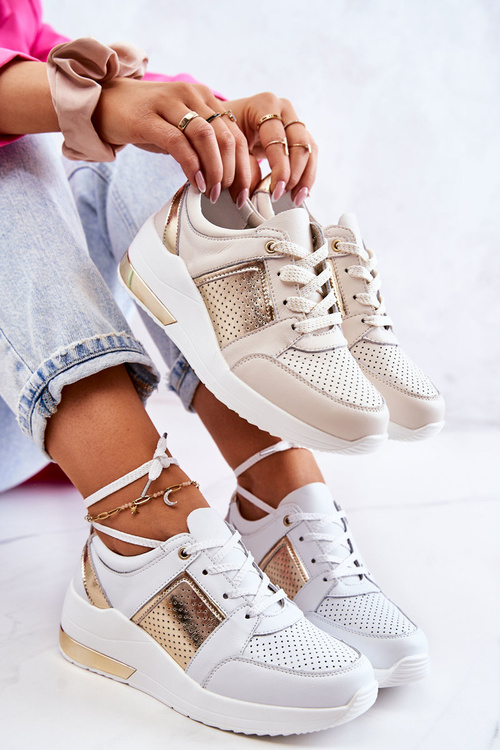 Dámské kožené sportovní boty na klínu béžová a bílá Larson