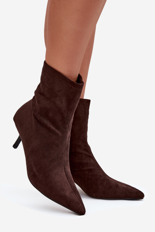 Zateplené dámské kozačky na jehlovém podpatku eco semiš hnědé Belisse