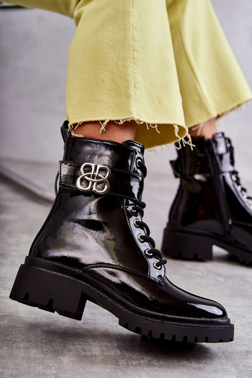 Lakované dámské teplé boty s zdobením černe Hayes