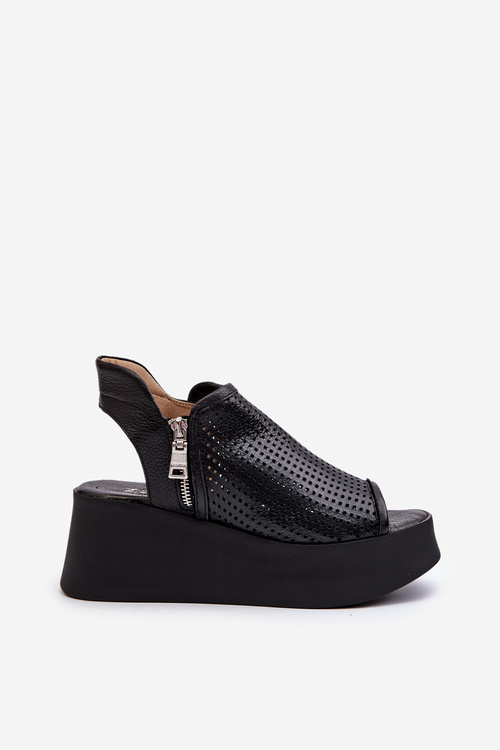 Zazoo 1792 Kožené Vyrezané Sandále Na Klinu Čierne