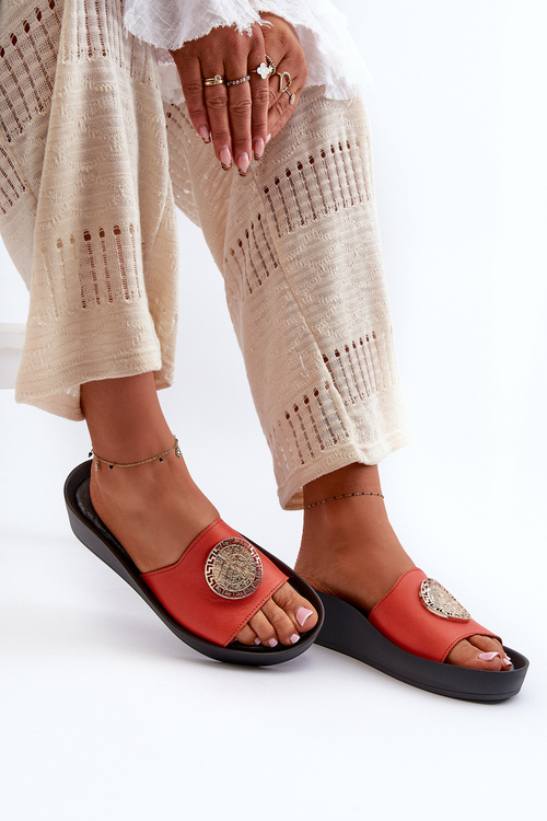 Zazoo 2920 Kožené Dámské Žabky na Korkové Podrážce s Zlatým Detailom Oranžové