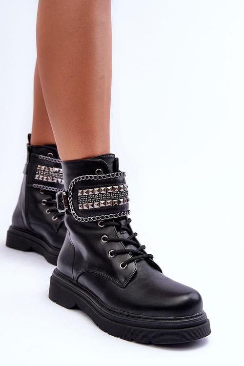Kůže Botky Workery Ozdobené Špendlíky Černé Kongei