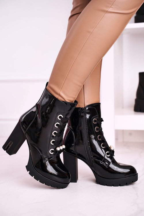 Topánky na stĺpiku s perly čierne lakované čierne zrkadlo