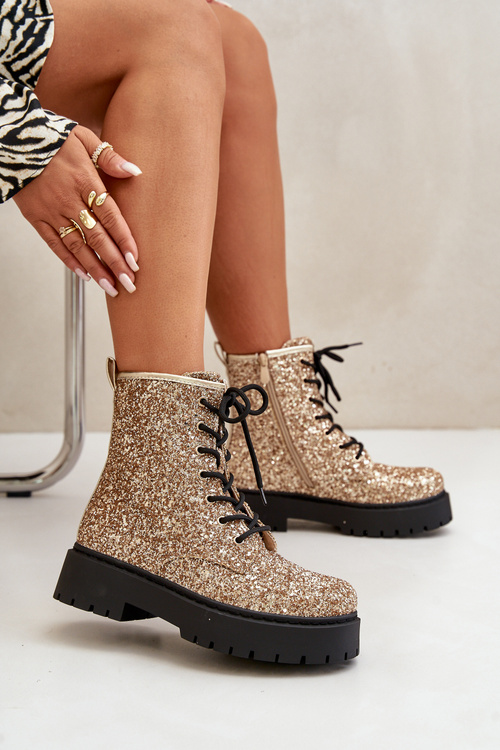 Zateplené dámske pracovné topánky zdobené flitrami zlaté Liatheine