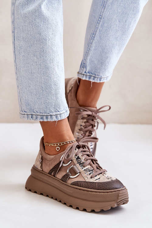 Dámské Kožené Tenisky Na Platformě Maciejka 06562-10 Tmavě Béžové