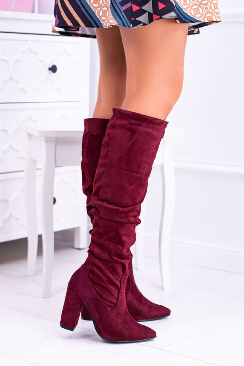 Dámské Kozačky Na Podpatku Semišové Burgundské Nightcall