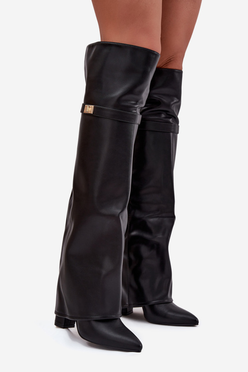 Zateplené kozačky s vytočenou holínkou za koleno podpatek sloupek černé Serelle