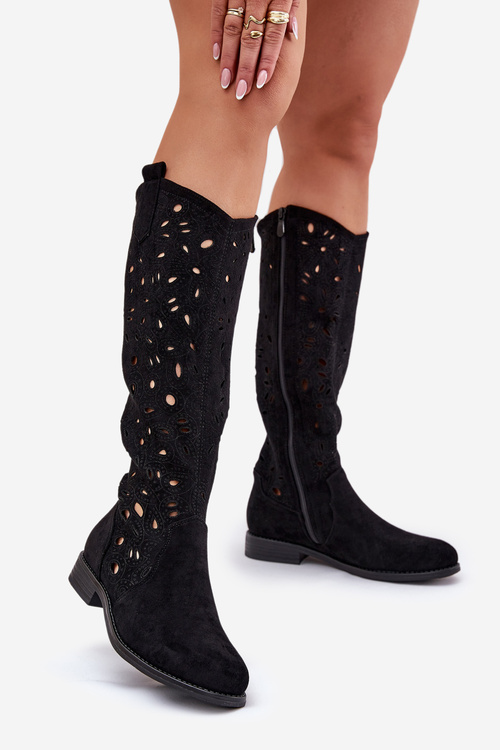 Dierkované Čižmy Na Ploškom Opätku Čierne HY51-176