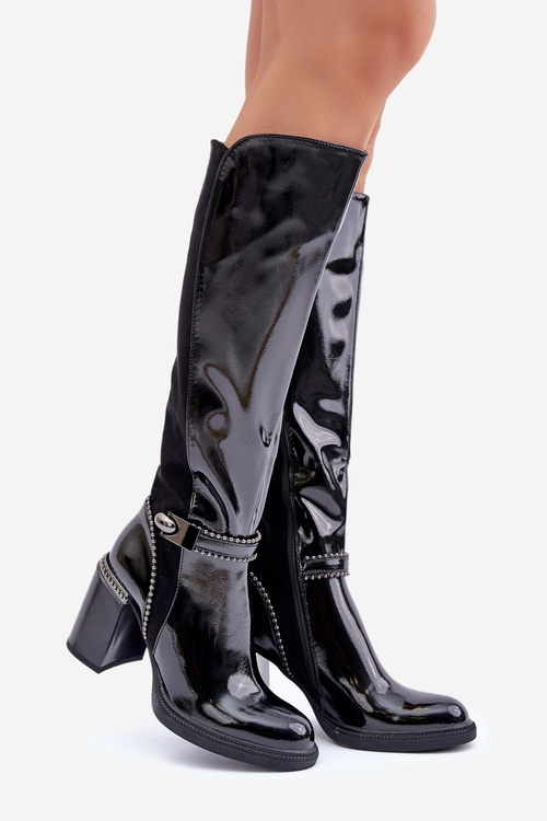 Zdobené Lakované Čižmy Dámske Na Opätku D&A MR880-055 Čierne