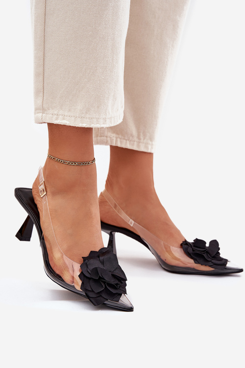 Priehľadné Sandále Na Opätku S Ozdobným Kvetom Čierne Risalie