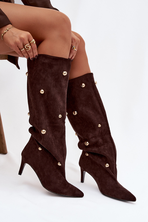 Vklouznuté dámské kozačky na jehlovém podpatku se zlatými ozdobami hnědé Thaliane