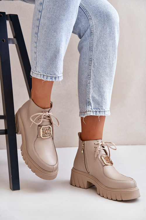 Zazoo 2952 Kožené Boty Se Zlatou Dekorací Béžové