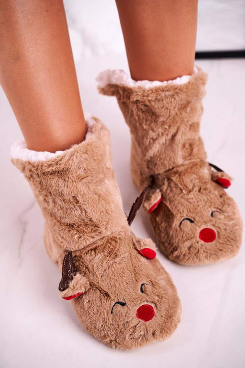 Vánoční Teple Pantofle Se Sobem Kožíšek Hnědé Rudolph