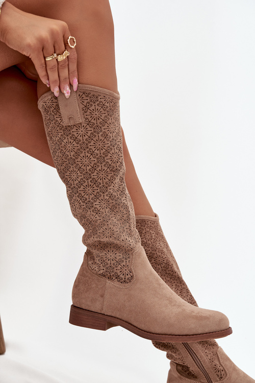 Dámské kozačky s perforací na nízkém podpatku S.Barski HY52-534 béžové