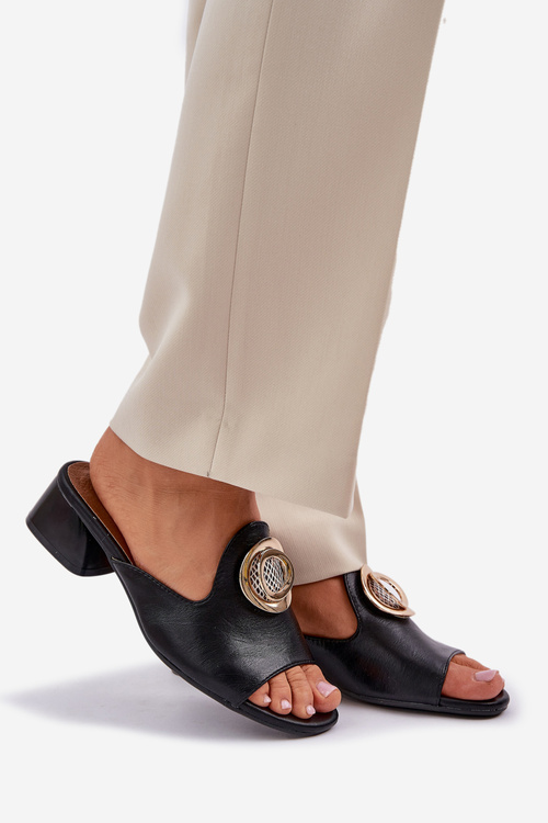 Elegantní Dámské Pantofle Na Nízkém Podpatku S Ozdobou Černé Feledis