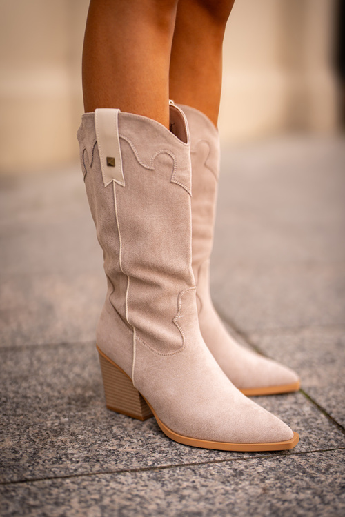 Zateplené Kovbojské Čižmy Na Opätku Eko Semišové Béžové Hanivin