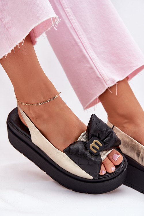 Dámské kožené sandály na platformě s mašlí CheBello 4641 zlaté-černé