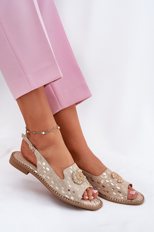 Kožené Sandály S Dekorací Na Plochém Podpatku S.Barski KV51-096 Zlaté