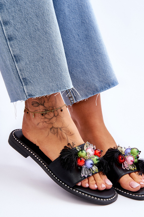 Papuče s dekoratívnymi korálkami S. Barski KV-2775-47 Čierna