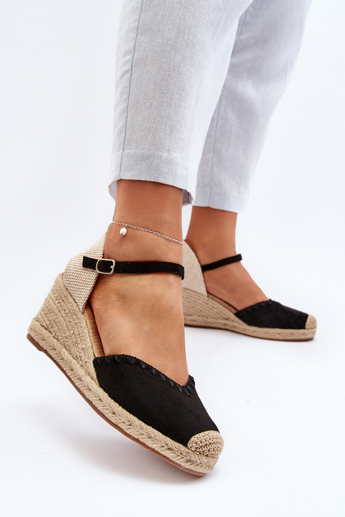 Zamšové sandále espadrily na klinovej podrážke s pletením čierne Raylin