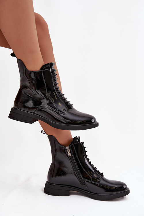 Lakované dámské kozačky z přírodní kůže D&A MR52-108 Černé