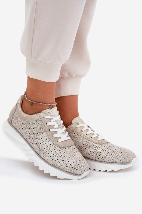 Semišové perforované tenisky na platformě zlaté LR51-927