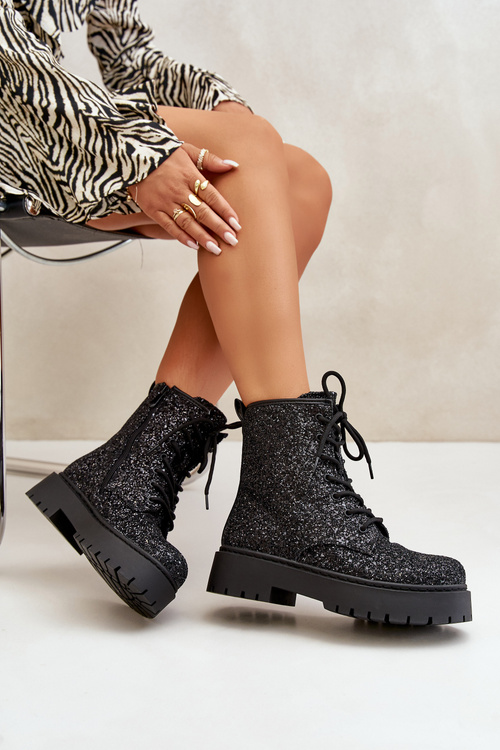 Zateplené Pracovné Čižmy Dámske Ozdobené Flitrami Čierne Liatheine