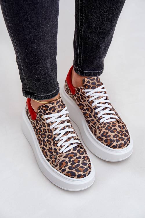 Kožené sneakersy na platforme s leopardím vzorom Zazoo 3346 hnedo-červené