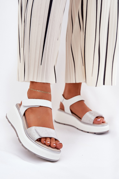 Dámske Kožené Sandále Na Platforme A Kline S Velcro S.Barski LR51-543 Strieborné