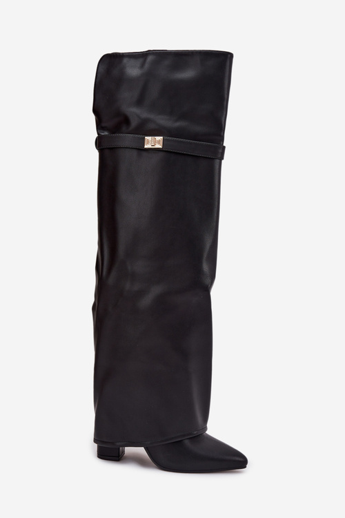 Izolované čižmy s preklopeným horným dielom až po kolená podpätok blok čierne Serelle