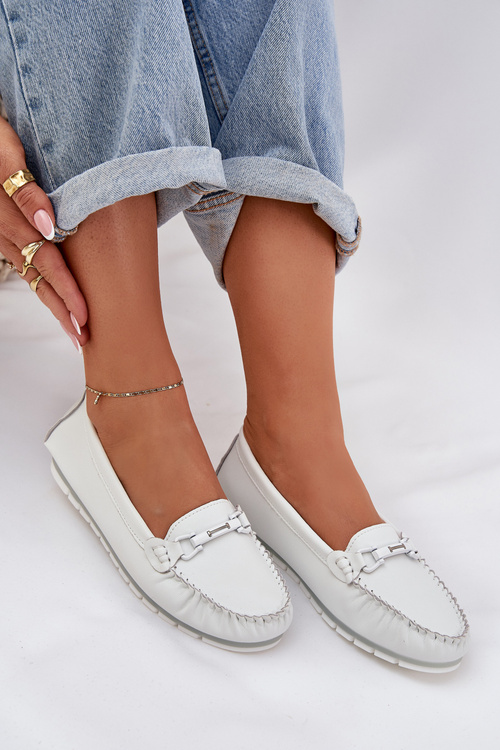 Plné Kožené Mokasíny S Dekorací S.Barski LR51-547 Bílé