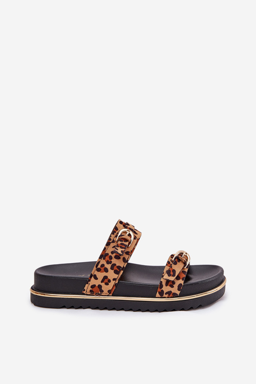 Dámske pantofle s leopardím vzorom na platforme so strapcami a prackami hnedé Ziferte