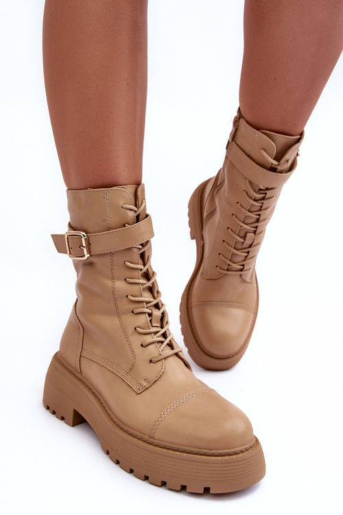 Kožené Workery Botky Na Ploché Podpatku S Kroužkem Bežový Samivlo