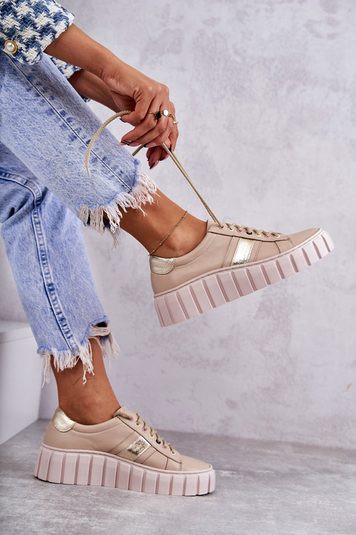 Dámska kožená športová topánka zviazaná béžová zlatá ariva