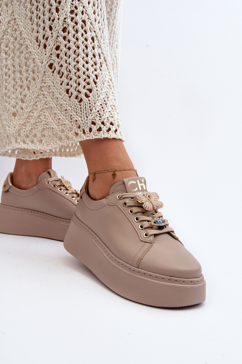 Dámské kožené tenisky s ozdobami CheBello 4292 béžové