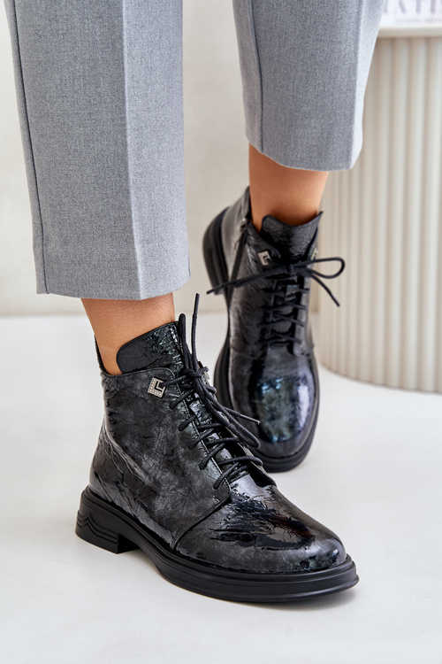 Kožené Lakované Botky Dámské Zateplené Na Zip D&A LZ42-042 Černo-Šedé