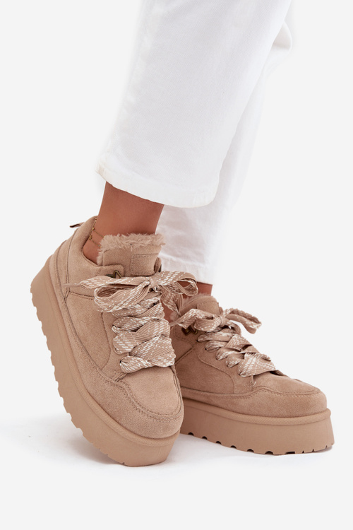 Šněrovací dámské sněhule na platformě zateplené kožíškem béžové Tavelle