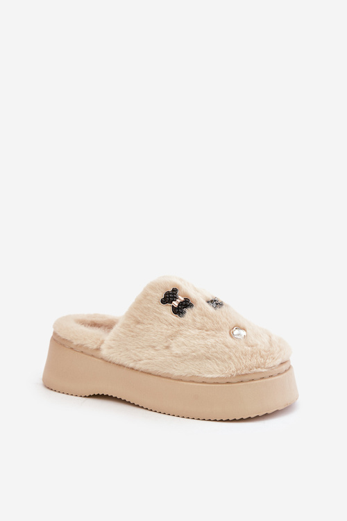 Dámské Fuzzy Pantofle Na Tlusté Podešvi S Připínáčky Béžové Zintoria